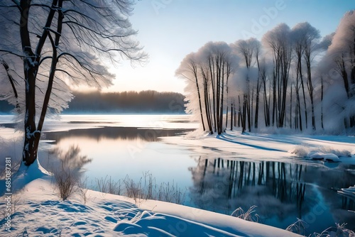 A lakeside trail in the midst of winter, with snow-covered trees and a frozen lake reflecting the soft hues of the early morning light. © AR Arts