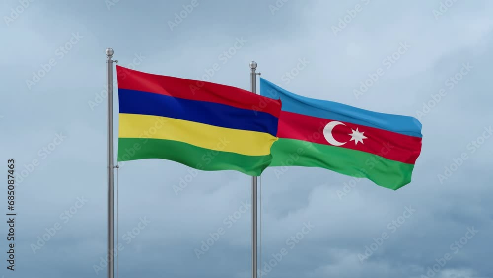 Azerbaijan and Mauritius flag waving together on cloudy sky, endless seamless loop, two country cooperation concept Azerbaijan and Mauritius flag waving together on cloudy sky, endless seamless loop, two country cooperation concept