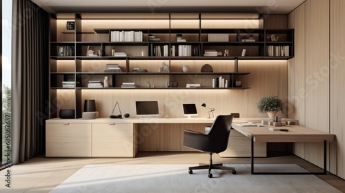 A sleek home office with minimalist design photo realistic illustration - Generative AI.