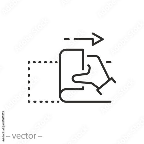 hand with sticker open icon, peel off duct tape, pull by hand to opened up, thin line symbol on white background - editable stroke vector illustration
