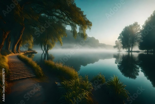 A lakeside path in the soft morning light  with mist rising from the water and creating an ethereal atmosphere around the tranquil and still lake.