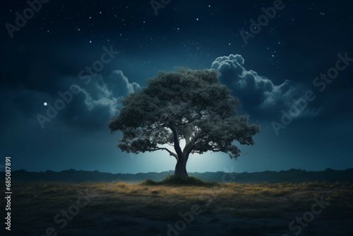 Full moon casting a soft glow on a solitary tree