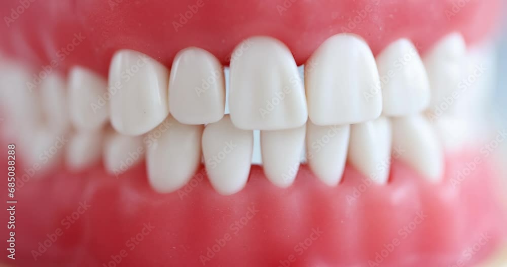 Artificial jaw with beautiful straight teeth. Composite veneers on teeth concept Artificial jaw with beautiful straight teeth. Composite veneers on teeth concept