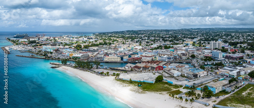 Aerial landscape view of Bay Area of Carlisle Bay at Bridgetown, Capital of Barbados with Brownes Beach in front and central City of Bridgetown, (Saint Michael) and Cruise Port Terminal in background photo