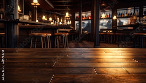 Empty old wooden table background bokeh Made with generative AI