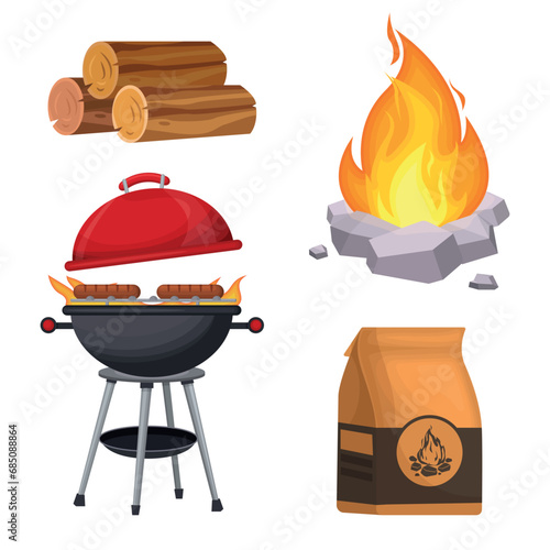 Vector cartoon set of colorful camping images. The concept of traveling and hiking in the forest. Elements for your design.