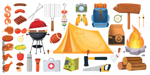 Vector cartoon set of colorful camping images. The concept of traveling and hiking in the forest. Elements for your design.