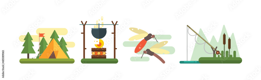 Obraz premium Camping and Hiking Object and Adventure Equipment Vector Set