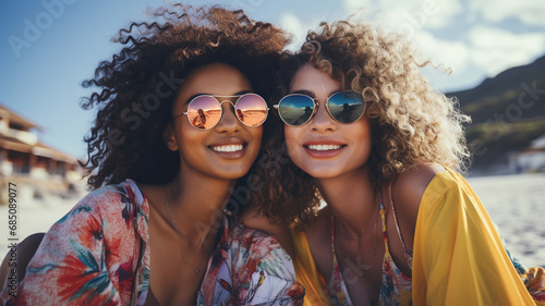 Two Afro American best female friends sitting together on beach smiling in the summer. Ethnic diverse friends hugging laughing and having fun