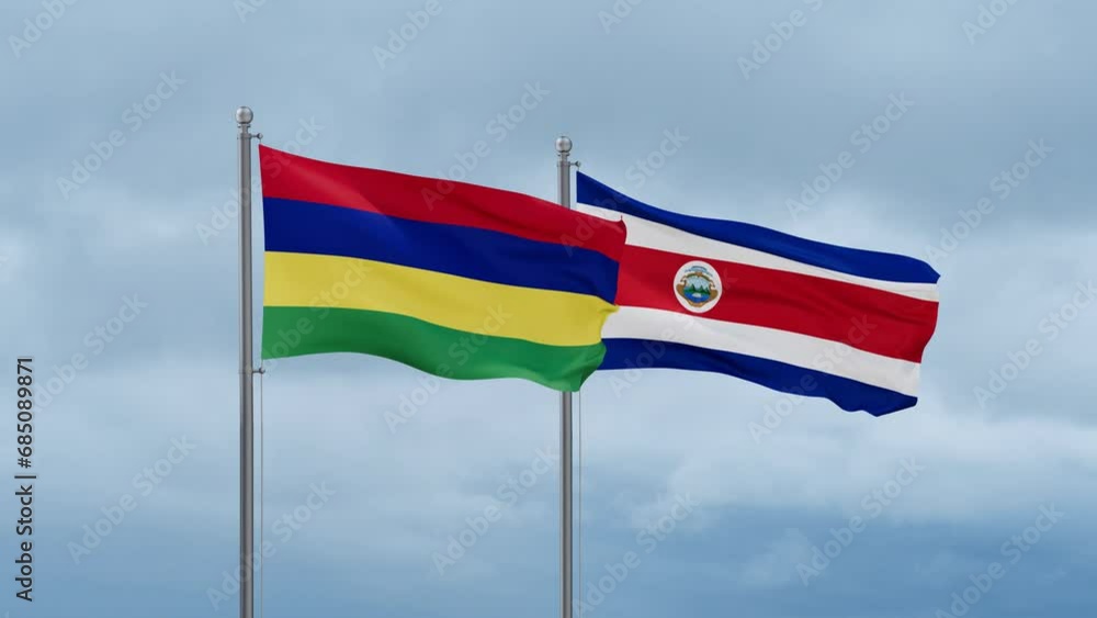 Costa Rico and Mauritius flag waving together on cloudy sky, endless seamless loop, two country cooperation concept Costa Rico and Mauritius flag waving together on cloudy sky, endless seamless loop, two country cooperation concept