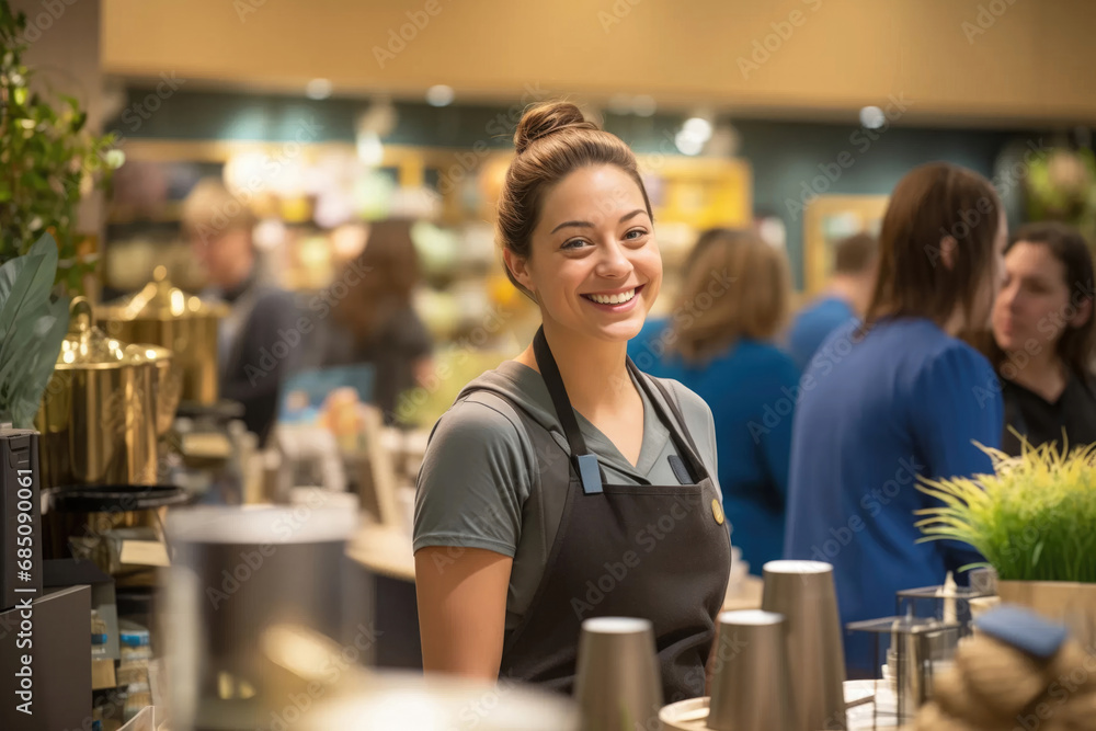 young and attractive saleswoman smiling at the camera, cashier serving customers