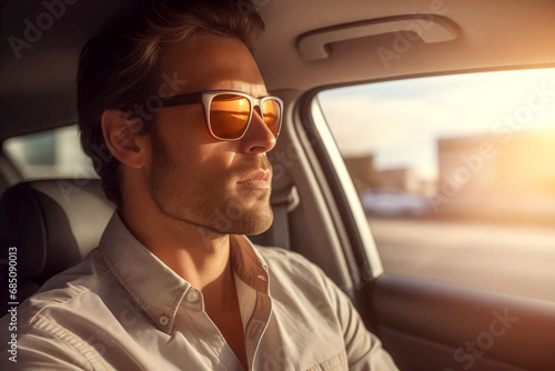 Attractive elegant young man in sunglasses driving a car
