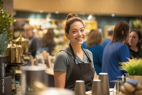 young and attractive saleswoman smiling at the camera, cashier serving customers © Renata Hamuda