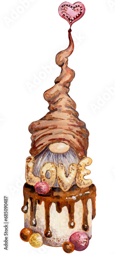 Valentines Gnome. St. Valentine's Gnome. Watercolor Gnome