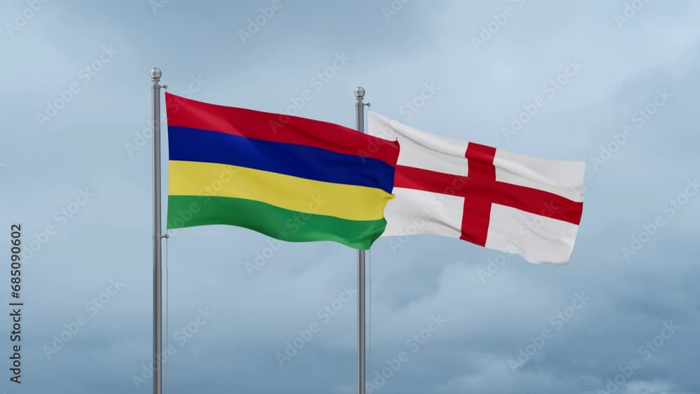 England flag and Mauritius flag waving together on cloudy sky, endless seamless loop, two country relations concept England flag and Mauritius flag waving together on cloudy sky, endless seamless loop, two country relations concept