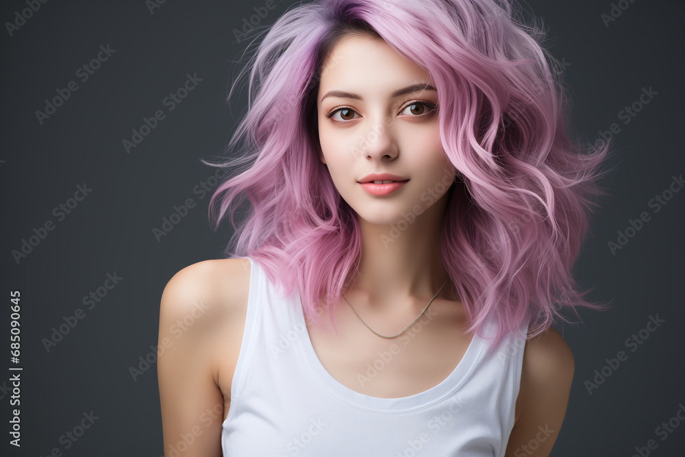 Happy asian woman with long pink color hair, at the studio white grey background. Skincare concept, wellness of face skin.