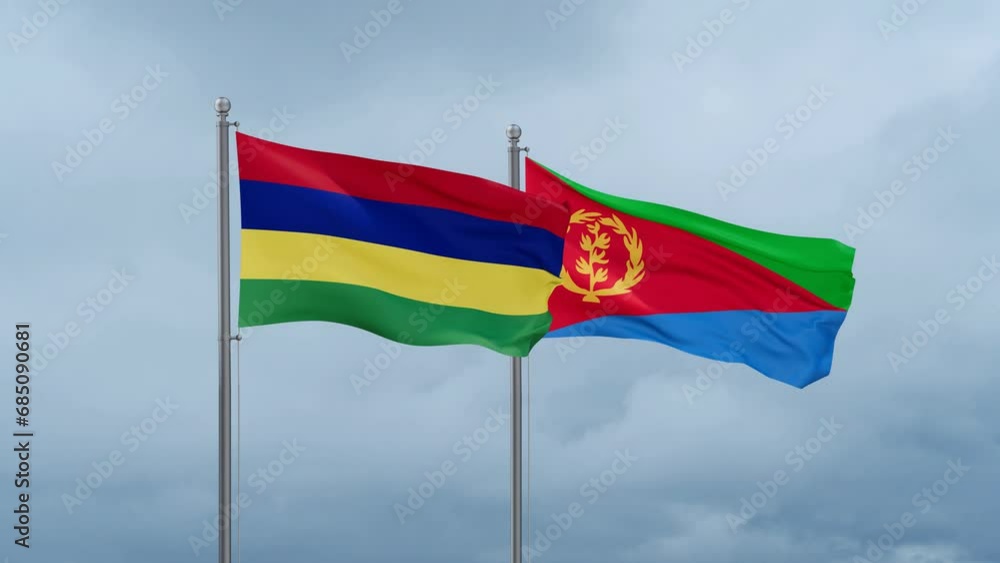 Eritrea and Mauritius flag waving together on cloudy sky, endless seamless loop, two country cooperation concept Eritrea and Mauritius flag waving together on cloudy sky, endless seamless loop, two country cooperation concept