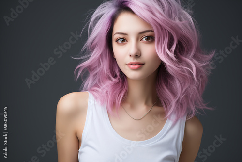 Happy asian woman with long pink color hair, at the studio white grey background. Skincare concept, wellness of face skin.