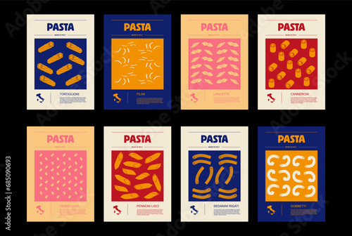 Italian macaroni types, labels for packages set. Tortiglioni, filini, lancette, canneroni, tempestine, pennoni lisci, sedanini rigati, gobbetti pasta. Organic and natural product