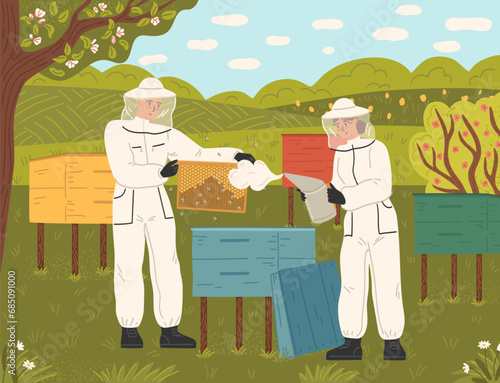 Happy family of beekeeper in uniform working at apiary farm scene