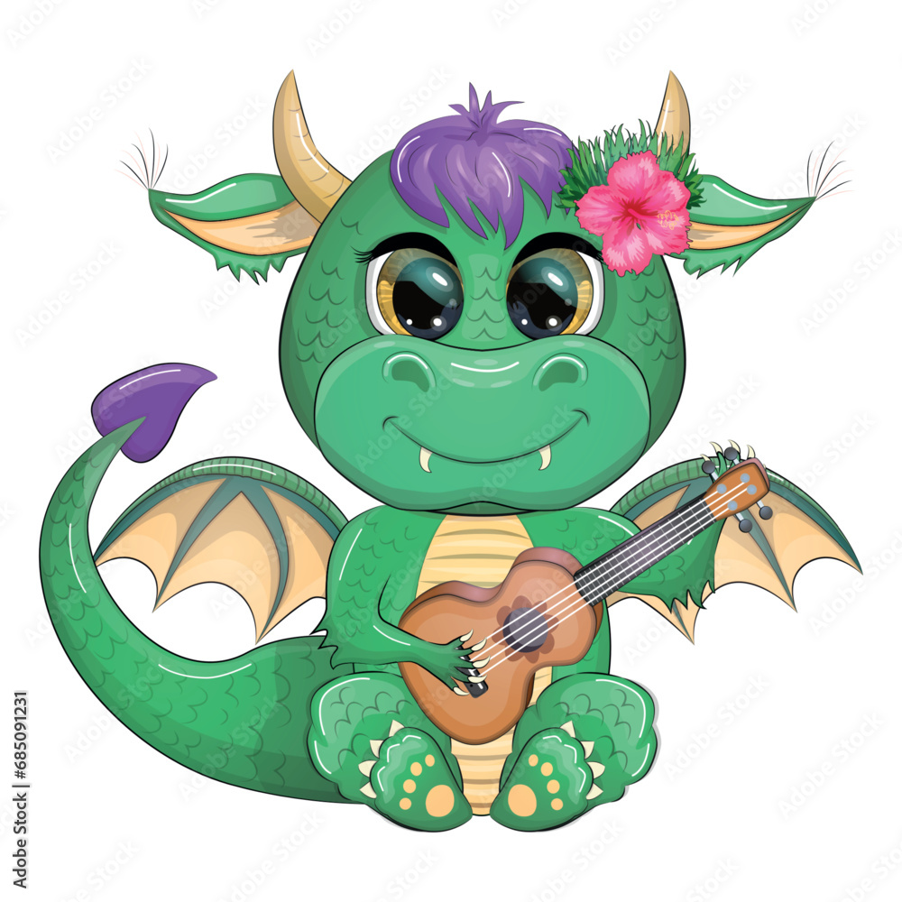 Fototapeta premium Cute cartoon green baby dragon with ukulele, holiday paraphernalia. Symbol of 2024 according to the Chinese