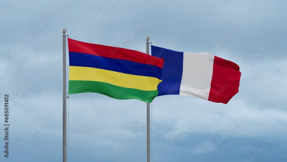 France and Mauritius flags waving together on cloudy sky, endless seamless loop, two country relations concept France and Mauritius flags waving together on cloudy sky, endless seamless loop, two country relations concept