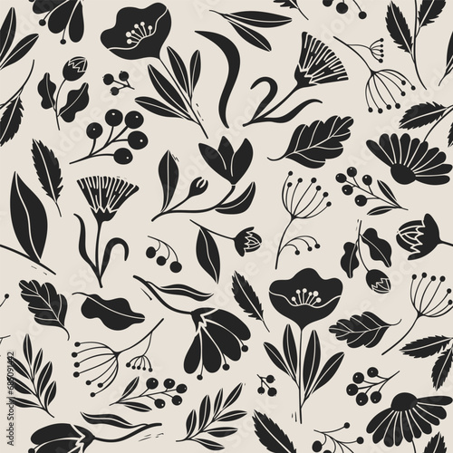 Seamless pattern with black flowers in linocut style. Botanical vector illustration