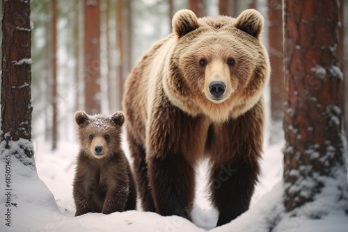 Brown bear with cub in winter forest