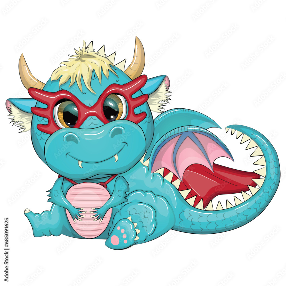 Obraz premium Cute cartoon green baby dragon in a red cape, super hero savior. Symbol of 2024 according to the Chinese calendar