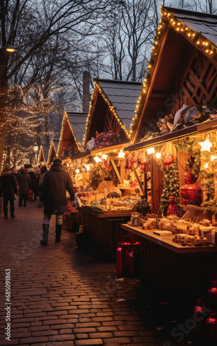 Christmas market and decorations, crowd of people doing Christmas and New Year shopping in a festive atmosphere