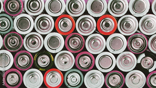 Pile of colorful batteries with energy abstract background.