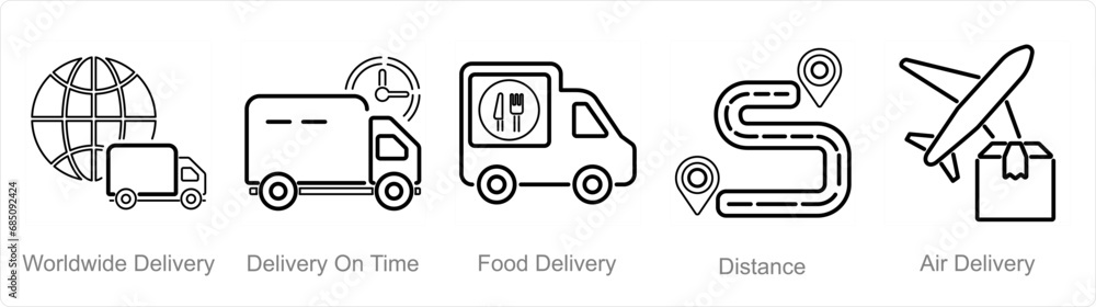 A set of 5 delivery icons as worldwide delivery, delivery on time, food delivery