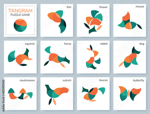 Tangram puzzle game. Vector set with various objects.