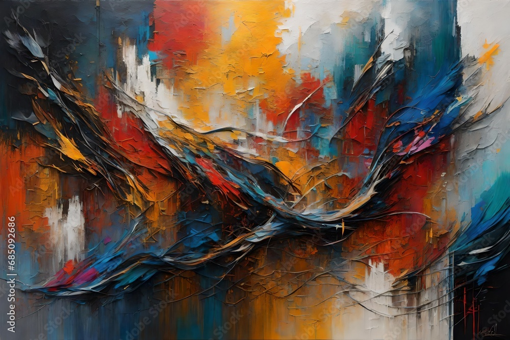 Explore the depth of abstraction with a painting that dances between chaos and harmony, where bold brushstrokes