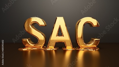 SAC siglas letras doradas metal líquido, sobre fondo gris mate pálido, visto de frente, ajustar colores, servicio atención cliente, cartel causa photo