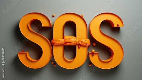 Siglas SOS en amarillo naranja mostrado con una bolsa de plástico atada a la letra O sobre fondo gris cremoso claro, vista frente, reclamo sobre los peligros del plástico, contaminación, basura photo