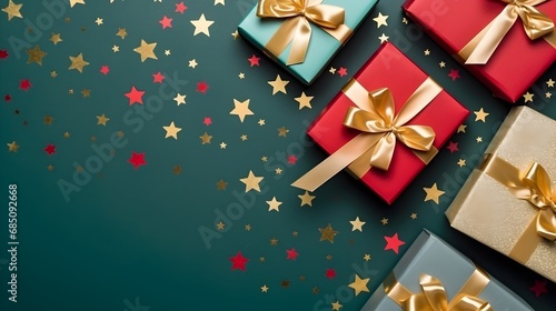 Assorted Christmas gift boxes with festive ribbons on a green background, space for text