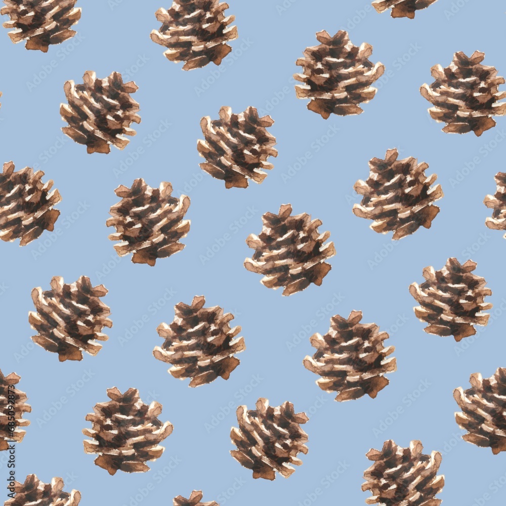 Seamless pattern with watercolor fir cones on a blue background. Used for printing gift wrapping paper, textile and fabric.