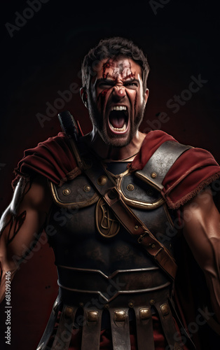 Portrait of an Ancient Warrior - Brave Pose in Gladiator Costume with Medieval Elegance Amidst a Dark Background