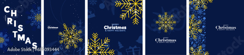 Set of Gold and Blue Christmas Greeting Card and Posters with Christmas patterned design and big 3d gold snowflakes. Vector Illustrations. EPS 10.