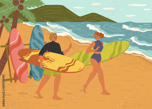 Happy young people with surfboards on tropical beach scene