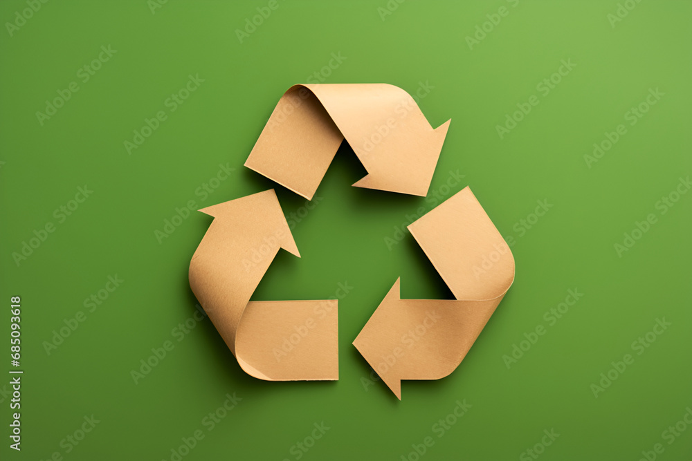 Recycling symbol cut out of kraft paper on green background, top view. Generated AI Recycling symbol cut out of kraft paper on green background, top view. Generated AI