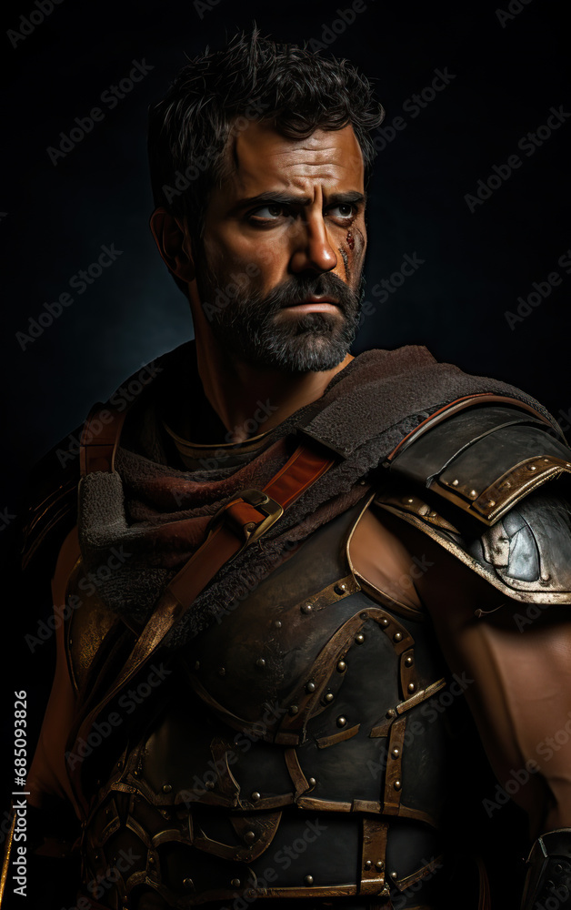 Portrait of an Ancient Warrior - Brave Pose in Gladiator Costume with Medieval Elegance Amidst a Dark Background Portrait of an Ancient Warrior - Brave Pose in Gladiator Costume with Medieval Elegance Amidst a Dark Background