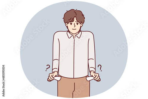 Poor young man show empty pockets. Unhappy stressed guy suffer from bankruptcy have no money. Poverty and financial instability. Vector illustration.