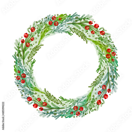 Watercolor wreath with christmas tree branches and holly berries vector