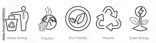 A set of 5 Ecology icons as waste sorting, pollution, eco friendly
