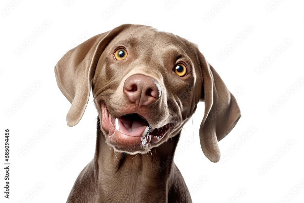 Cute playful doggy is playing and looking happy isolated on white. headshot Brown weimaraner young dog is posing