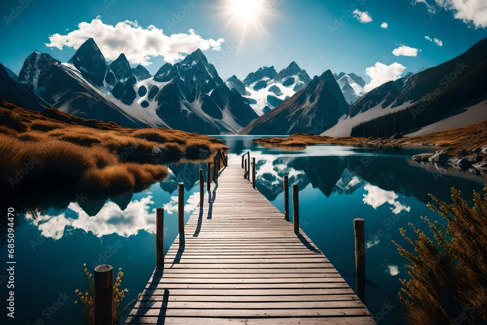 A wooden boardwalk leading to the edge of a crystal-clear lake surrounded by majestic mountains, reflecting their snow-capped peaks on the still water.