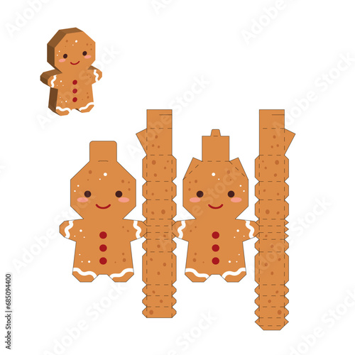 Simple packaging favor box gingerbread man design for sweets, candies, small presents. Party package template. Print, cut out, fold, glue. Vector stock illustration