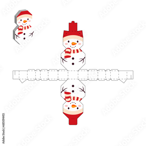 Simple packaging favor box snowman design for sweets, candies, small presents. Party package template. Print, cut out, fold, glue. Vector stock illustration